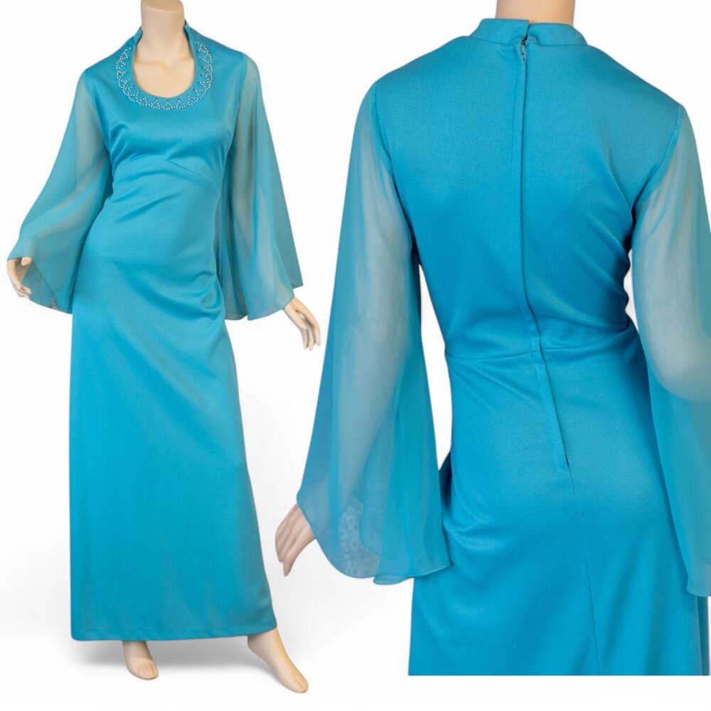 Vintage 70s ANGEL SLEEVE TURQUOISE Pearl Rhinestone Maxi Dress